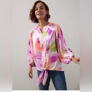 Chico’s Silky Tie Front Colorful Print Balloon Sleeved Blouse Size 2.5 (14)